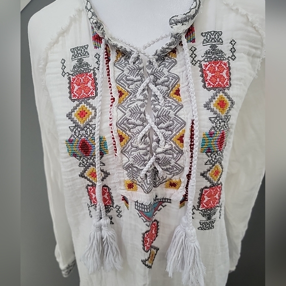 Johnny Was 100% Cotton Embroidered Tunic Tassels Blouse  Gauzy XS Oversized - Picture 3 of 8
